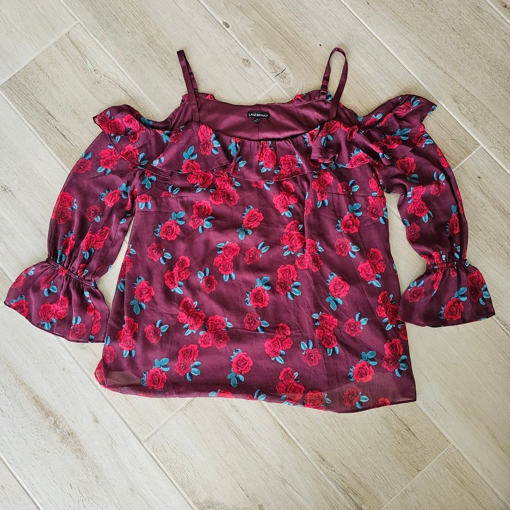 Lane Bryant Burgundy Floral Cold Shoulder Blouse, Sz 16 - EUC